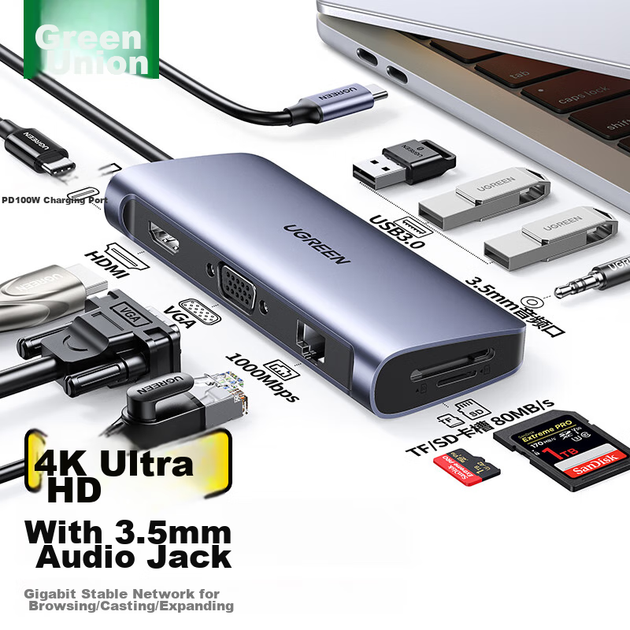 Док-станция UGREEN Type-C, HDMI, VGA, Ethernet, кардридер, Thunderbolt 4, для MacBook и Huawei - изображение 10