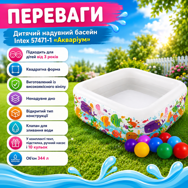 Надувний дитячий басейн Intex 57471-1 «Акваріум» квадратної форми з кульками 10 шт 159×159×50 см для малюків саду подвір'я дачі літнього відпочинку - зображення 3