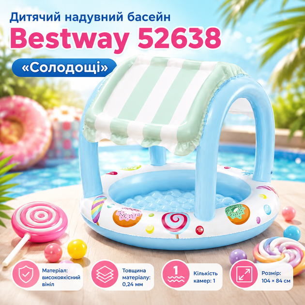 Детский надувной бассейн Bestway 52638 «Сладости» круглый 104×84 см с навесом надувным дном для малышей летнего отдыха сада дачи двора - изображение 2