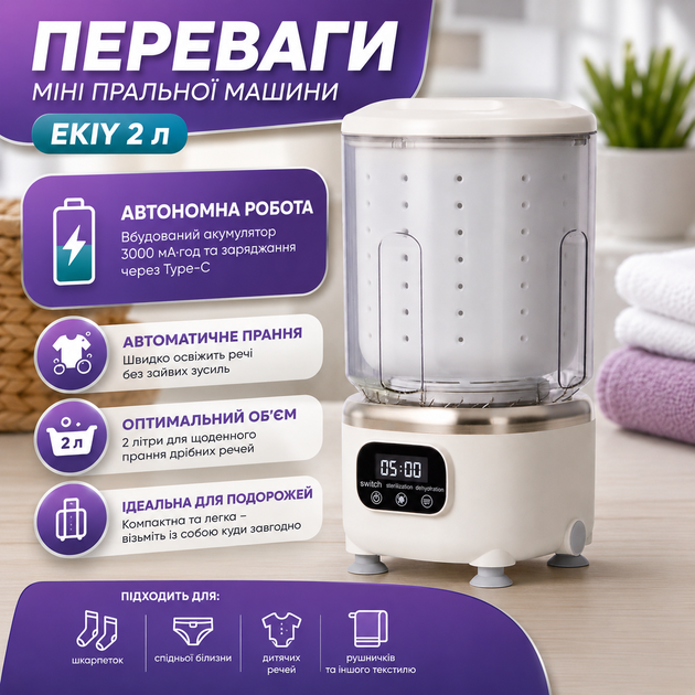 Портативна міні пральна машина EKIY 2 л, акумулятор 3000 мА·год, USB Type-C, автоматичне прання дрібного одягу, шкарпеток, спідньої білизни, дитячих речей, для квартири, дачі, кемпінгу та поїздок - зображення 2