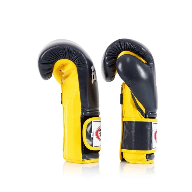 Боксерские перчатки Fairtex натуральная кожа 18 унций синие желтые. - изображение 7