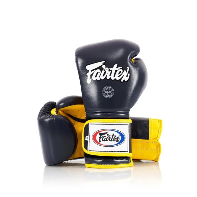 Боксерские перчатки Fairtex натуральная кожа 18 унций синие желтые. - изображение 8