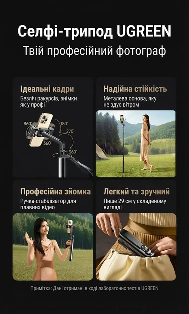 Штатив-трипод для селфи UGREEN с Bluetooth пультом и подсветкой Black (LP861) - изображение 5