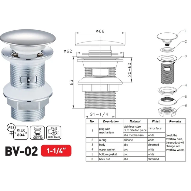 Донный клапан Zerix BV-02 1 1/4'' автоматический click-clack металл хром - изображение 3