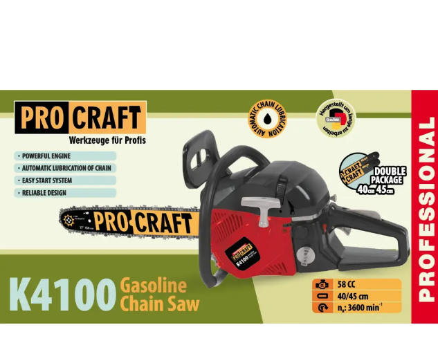 Бензопила PRO CRAFT K4100 з двотактним двигуном об’ємом 58 куб. см і потужністю 3,0 кВт - Фото 2 Бензопила PRO CRAFT K4100 з двотактним двигуном об’ємом 58 куб. см і потужністю 3,0 кВт - зображення 2