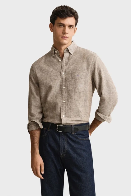 Чоловіча коричнева лляна сорочка REG Gant S 3250082 - Фото 1 Чоловіча коричнева лляна сорочка REG Gant S 3250082 - изображение 1