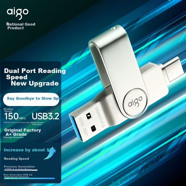 Aigo 64GB Type-C USB3.2 Mobile Flash Drive U356 Cool High-Speed Version Silver Dual Interface USB Drive for Phones And Computers New Upgrade 220MB/s - изображение 5