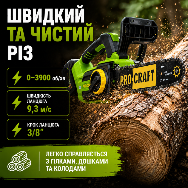 Аккумуляторная цепная пила Procraft 20В(без АКБ и ЗУ) 12" шина 30см Садовая акб пила с автоматической смазкой цепи для сада электропила на аккумуляторе для заготовки дров обрезки веток - Фото 3 Аккумуляторная цепная пила Procraft 20В(без АКБ и ЗУ) 12" шина 30см Садовая акб пила с автоматической смазкой цепи для сада электропила на аккумуляторе для заготовки дров обрезки веток - изображение 3