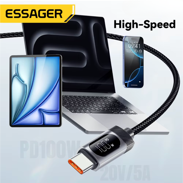 Кабель Essager USB-A to Type-C 100W 7A сірий з LED-дисплеєм, швидка зарядка та передача даних - зображення 4