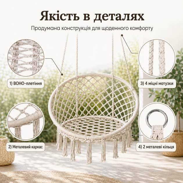 Підвісне крісло-гойдалка Hanert AirFlow Beige бежеве у стилі BOHO до 130 кг, садове крісло-гамак з металевим каркасом - зображення 4