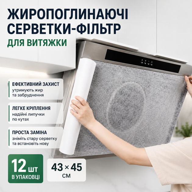 Жиропоглощающие салфетки фильтр для вытяжки на липучке 43 х 45 см 12 шт в упаковке - Фото 1 Жиропоглощающие салфетки фильтр для вытяжки на липучке 43 х 45 см 12 шт в упаковке - изображение 1