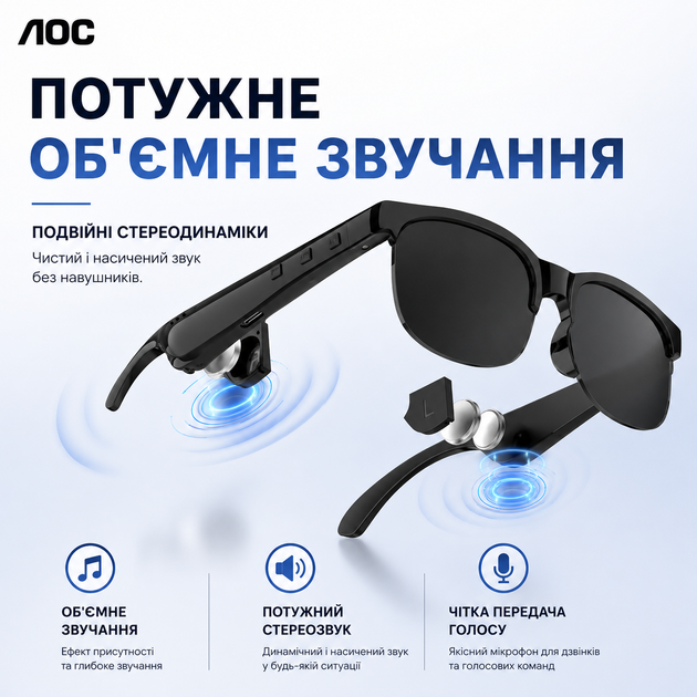 Умные солнцезащитные очки AOC со встроенными беспроводными наушниками и микрофоном для телефона, Type-C. Черные - Фото 3 Умные солнцезащитные очки AOC со встроенными беспроводными наушниками и микрофоном для телефона, Type-C. Черные - изображение 3
