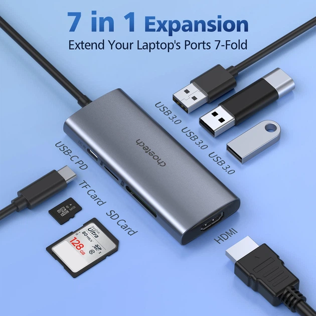 USB-хаб Choetech 7-in-1 USB-C to HDMI 4K@30Hz + 3xUSB 3.0 5Gbps + SD/TF + USB-C PD 100W Gray (HUB-M19-GY) - изображение 2