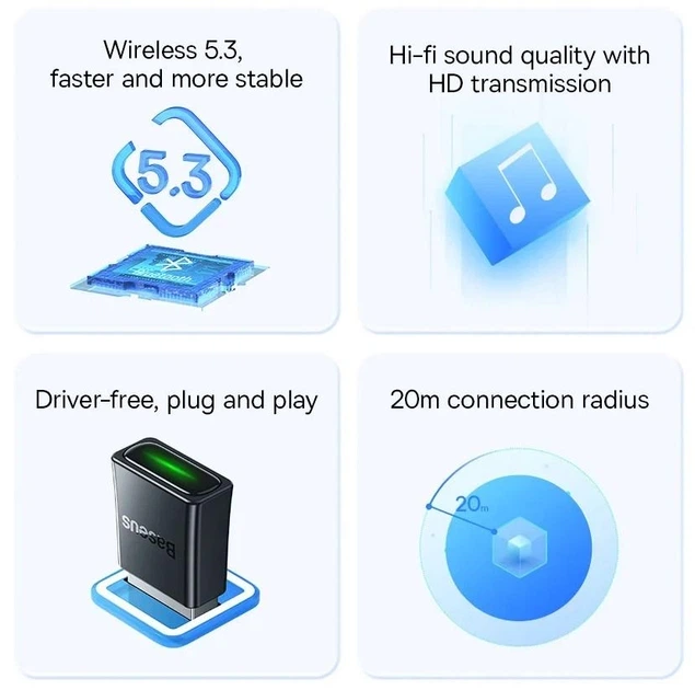 Bluetooth адаптер Dongle USB Bluetooth 5.3 Baseus BA07 - Фото 6 Bluetooth адаптер Dongle USB Bluetooth 5.3 Baseus BA07 - зображення 6