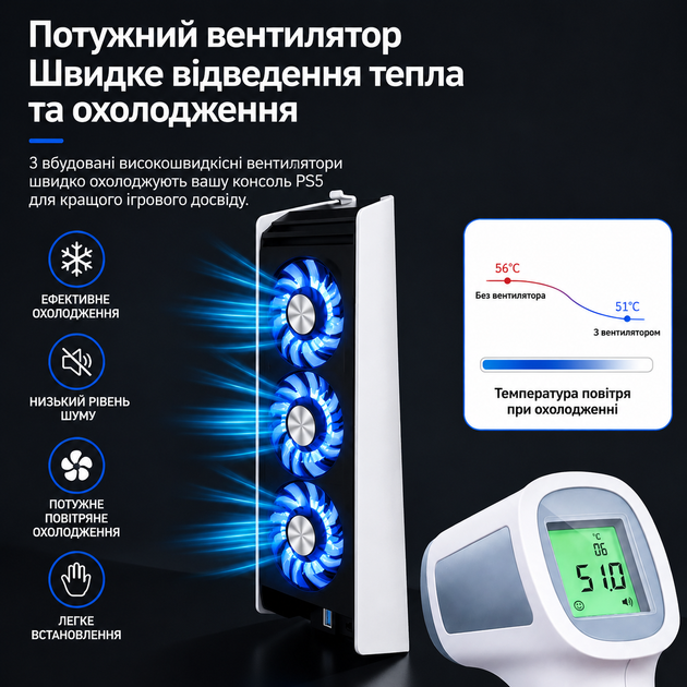 Вентилятор охлаждения IINE для PS5 Disc / Digital с 3 кулерами RGB, USB 3.0 хаб, контроль температуры - изображение 7