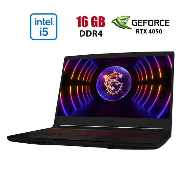 Игровой ноутбук MSI GF63 Thin 12VE-065NEU / 15.6" (1920x1080) IPS / Intel Core i5-12450H (8 (12) ядер по 3.3 - 4.4 GHz) / 16 GB DDR4 / 1000 GB SSD / nVidia GeForce RTX 4050, 6 GB GDDR6, 96-bit / WebCam б/у - Фото 1 Игровой ноутбук MSI GF63 Thin 12VE-065NEU / 15.6" (1920x1080) IPS / Intel Core i5-12450H (8 (12) ядер по 3.3 - 4.4 GHz) / 16 GB DDR4 / 1000 GB SSD / nVidia GeForce RTX 4050, 6 GB GDDR6, 96-bit / WebCam б/у - изображение 1