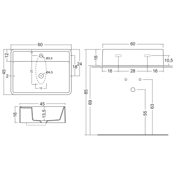 Умивальник NIC DESIGN SEMPLICE 001384001, білий/глянсовий, накладний, 60 см - изображение 2