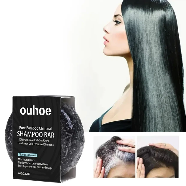Мыло-шампунь Ouhoe с бамбуковым углем для седых волос и ухода Чёрное - изображение 3