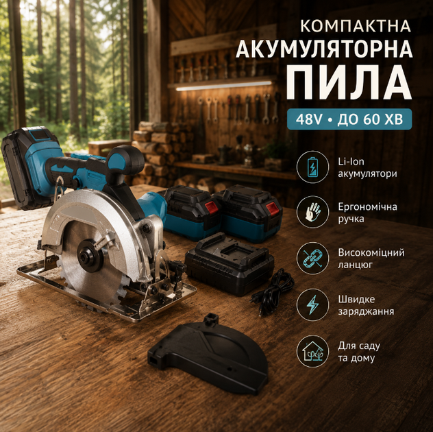 Ручна акумуляторна дискова пила HS7010 48V 5Ah із двома акумуляторами, зарядним пристроєм та захисним кожухом - Фото 1 Ручна акумуляторна дискова пила HS7010 48V 5Ah із двома акумуляторами, зарядним пристроєм та захисним кожухом - зображення 1
