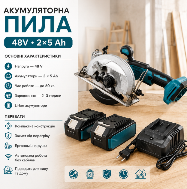 Ручна акумуляторна дискова пила HS7010 48V 5Ah із двома акумуляторами, зарядним пристроєм та захисним кожухом - Фото 2 Ручна акумуляторна дискова пила HS7010 48V 5Ah із двома акумуляторами, зарядним пристроєм та захисним кожухом - зображення 2