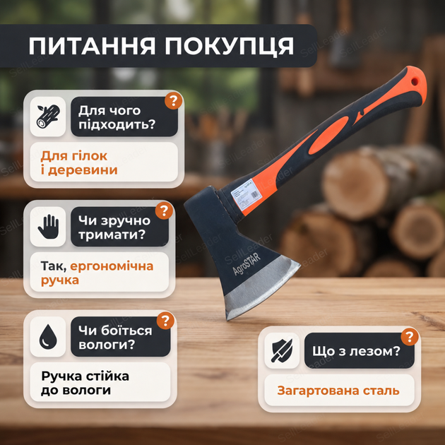 Топор AgroStar 600г фибергласовая ручка 350 мм для колки дров веток туристический топорик углеродистая сталь - Фото 6 Топор AgroStar 600г фибергласовая ручка 350 мм для колки дров веток туристический топорик углеродистая сталь - изображение 6