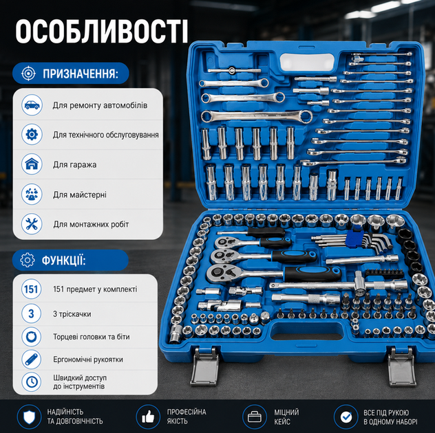 Автомобільний набір інструментів 151 предмет у пластиковому кейсі, професійний комплект із 3 тріскачками для ремонту авто - зображення 3