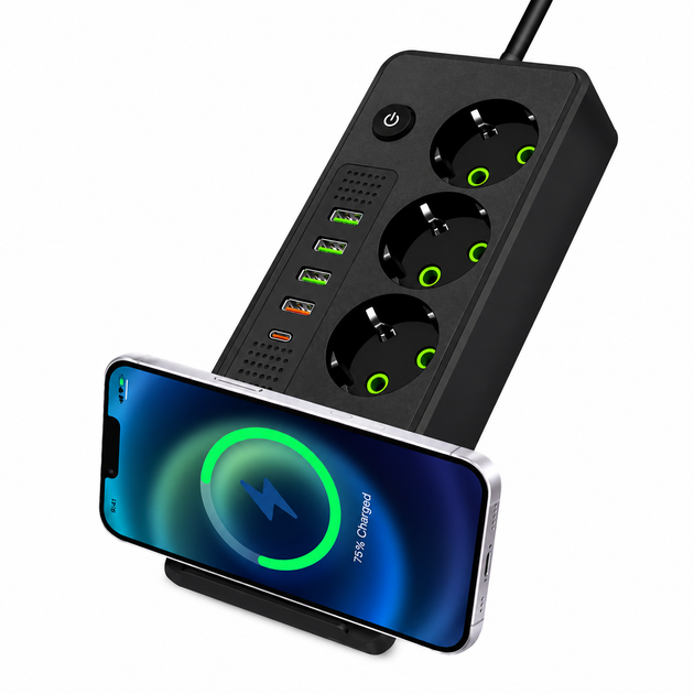 Мережевий фільтр із USB подовжувач для розетки 3 метри розгалужувач із 3 розетками та функцією бездротової зарядки Чорний - Фото 4 Мережевий фільтр із USB подовжувач для розетки 3 метри розгалужувач із 3 розетками та функцією бездротової зарядки Чорний - зображення 4
