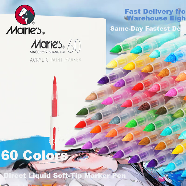 Набір акрилових маркерів Marie's, формула Direct Liquid, швидковисихаючі, непрозорий папір, пензель з м'яким кінчиком, 60 кольорів, велика місткість - Акрилові маркери, 60 кольорів, для малювання - Фото 4 Набір акрилових маркерів Marie's, формула Direct Liquid, швидковисихаючі, непрозорий папір, пензель з м'яким кінчиком, 60 кольорів, велика місткість - Акрилові маркери, 60 кольорів, для малювання - изображение 4