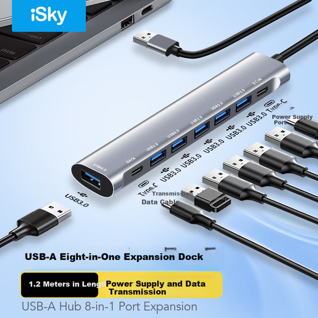 Хаб USB Isky 8 портов 1.2м USB 3.0 для ноутбуков и ПК Apple Huawei - изображение 4