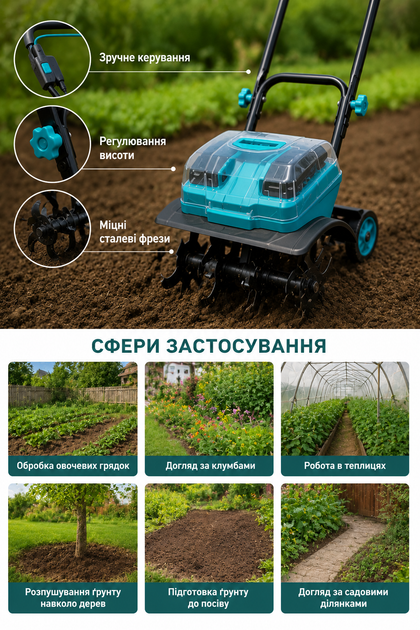 Аккумуляторный культиватор ALFARID CT20/2 40V (2×20V), беспроводной мини-мотоблок для рыхления и прополки огорода, садовая электротяпка - изображение 3