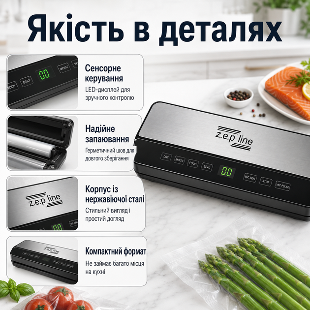Вакууматор Zepline ZP-00359 200 Вт с сенсорным LED-дисплеем, кухонный вакуумный упаковщик для мяса, рыбы, овощей, ягод - Фото 2 Вакууматор Zepline ZP-00359 200 Вт с сенсорным LED-дисплеем, кухонный вакуумный упаковщик для мяса, рыбы, овощей, ягод - изображение 2