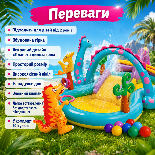 Дитячий басейн Intex 57135 «Планета динозаврів», надувний ігровий центр, з водною гіркою, з кульками 10 шт., для дітей від 2 років, з міцного вінілу, зі зливним клапаном, для дачі, двору, саду, літнього відпочинку - зображення 3