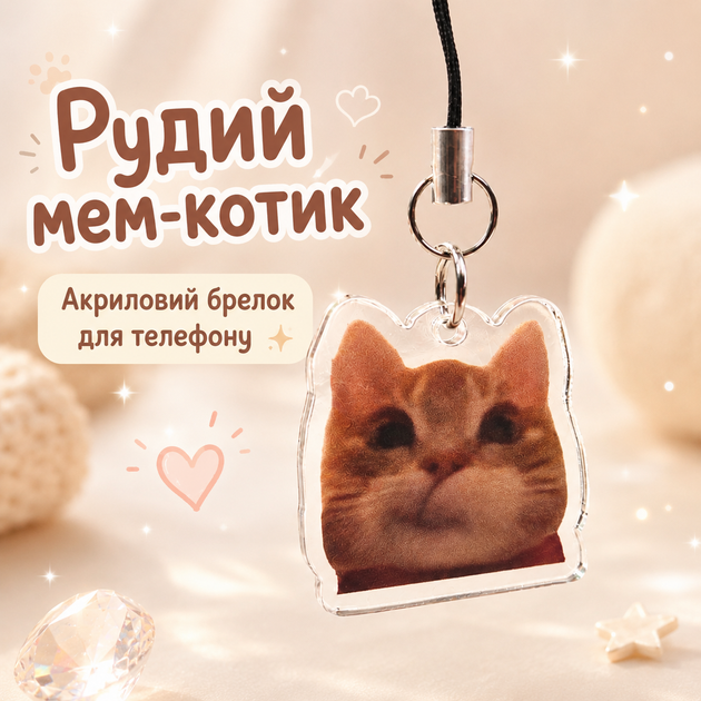 Акриловый брелок для телефона Рыжий кот мем 3х3 см - Фото 1 Акриловый брелок для телефона Рыжий кот мем 3х3 см - изображение 1