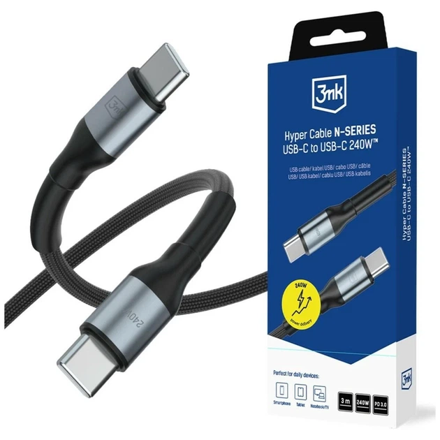 Кабель 3mk Hyper Cable N-Series USB-C to USB-C 3m 48V/5A 240W Black (5903108758215) - Фото 1 Кабель 3mk Hyper Cable N-Series USB-C to USB-C 3m 48V/5A 240W Black (5903108758215) - изображение 1