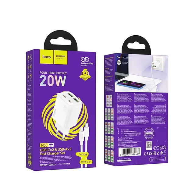 Мережевий зарядний пристрій Hoco N55 2×USB-C + 2×USB-A QC3.0 PD 20W + кабель USB-C to Lightning White (6942007659253) - Фото 5 Мережевий зарядний пристрій Hoco N55 2×USB-C + 2×USB-A QC3.0 PD 20W + кабель USB-C to Lightning White (6942007659253) - зображення 5