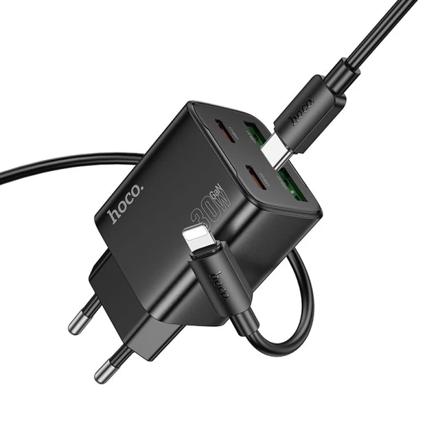 Сетевое зарядное устройство Hoco N56 2×USB-C + 2×USB-A QC3.0 PD 30W + кабель USB-C to Lightning Black (6942007659291) - изображение 3