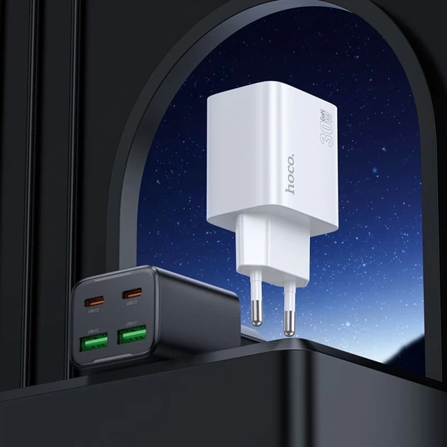 Сетевое зарядное устройство Hoco N56 2×USB-C + 2×USB-A QC3.0 PD 30W + кабель USB-C to Lightning Black (6942007659291) - изображение 4