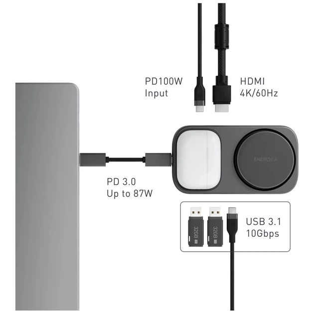 Док-станція Energea WiDock Plus 7в1 USB-C 3.1 з Qi2 Gunmetal (WIDOCK-PLU71-GUN) - зображення 4