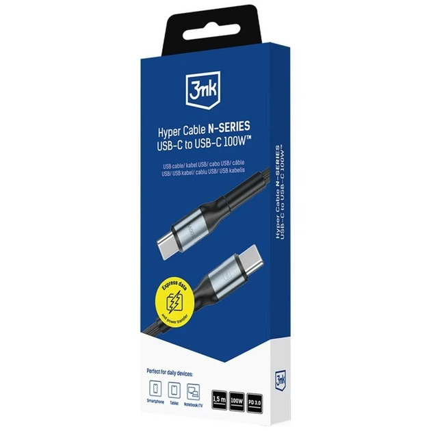Кабель 3mk Hyper Cable N-Series USB-C to USB-C 1.5m 20V/5A 100W Black (5903108758192) - изображение 8