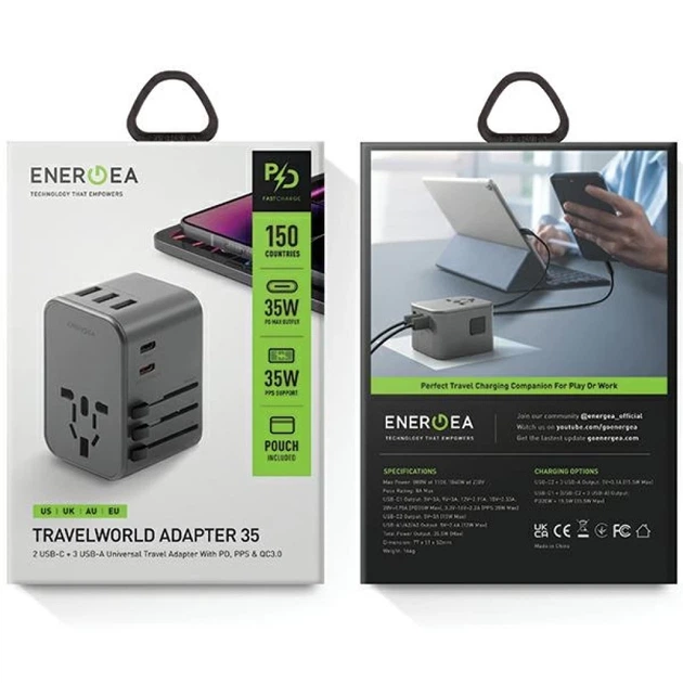 Сетевое зарядное устройство Energea Travelworld 3xUSB+2xUSB-C PD PPS QC3.0 35.5W 4в1 US/UA/EU/UK Gunmetal (TWA35-GUN) - изображение 6