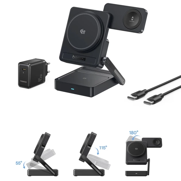 Беспроводная зарядка Baseus PicoGo AF21 3в1 Qi2.2 35W с блоком питания EU 45W и кабелем USB-C 1m Black (6942521200641) - изображение 3
