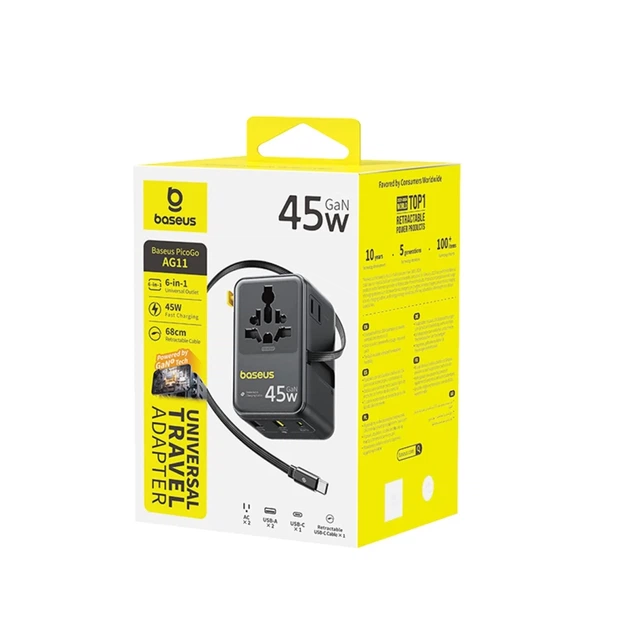 Adapter podróżny Baseus PicoGo AG11 45W 6w1 ze składanym kablem USB‑C Black (6942521203475) - obraz 4