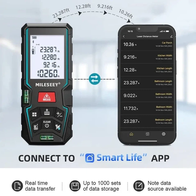 Лазерний далекомір MILESEEY D5T 50 м Bluetooth з LCD-дисплеєм підсвічуванням і пам’яттю вимірювань - изображение 3