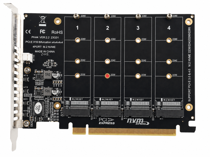 Адаптер PCI-E x16 VOANZO VEU2308 на 4 M.2 NVMe SSD PCIe 3.0/4.0 M-Key з Bifurcation - Фото 1 Адаптер PCI-E x16 VOANZO VEU2308 на 4 M.2 NVMe SSD PCIe 3.0/4.0 M-Key з Bifurcation - изображение 1