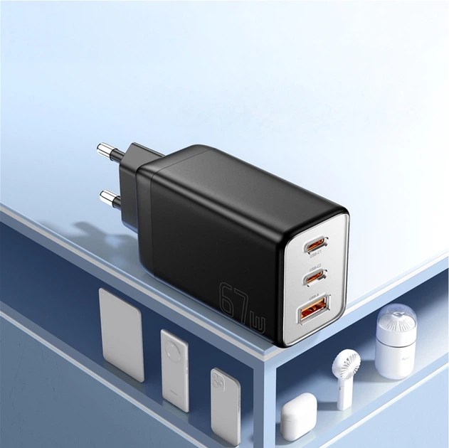 Сетевое зарядное устройство ESSAGER Ranges 67W GaN Charger 2C+1A QC4.0 FCP PD Black (ECT67W-LJB01-Z) - изображение 7