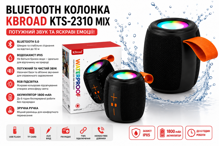 Портативная Bluetooth колонка KTS-2310 с RGB-подсветкой, TWS, USB, TF и FM-радио - изображение 2