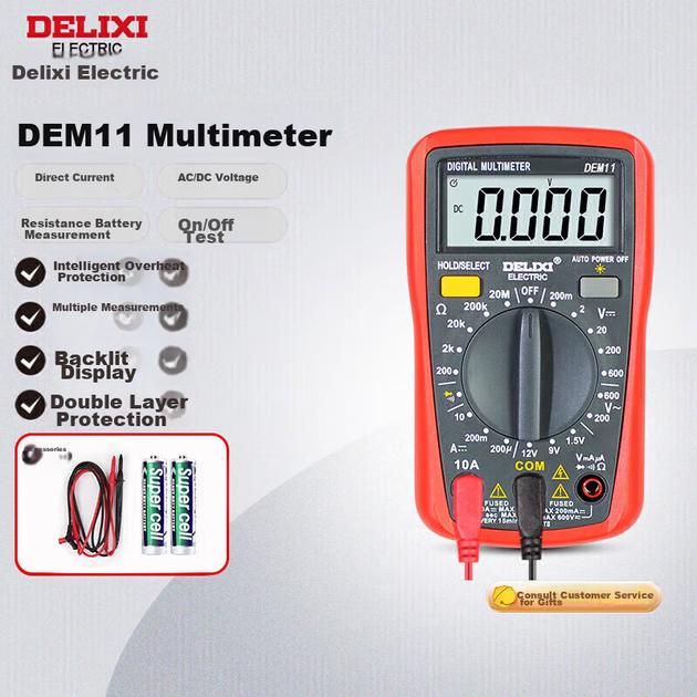 Цифровий мультиметр DELIXI ELECTRIC, вигораючий РК-дисплей з підсвічуванням, високоточний багатофункціональний побутовий лічильник, амперметр DEM11 - зображення 4