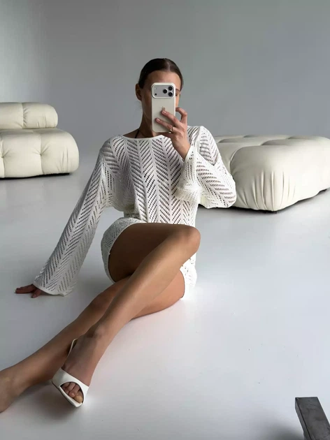 Туніка-парео ажурна вільного крою з ялинковим узором Brunette Білий One size SP-4015-WH-Y - Фото 6 Туніка-парео ажурна вільного крою з ялинковим узором Brunette Білий One size SP-4015-WH-Y - изображение 6
