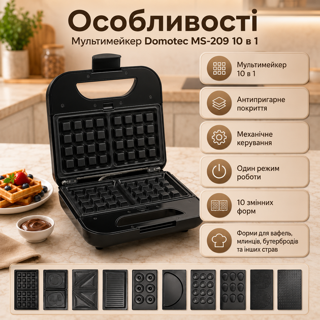 Мультимейкер Domotec MS-209 10 в 1 для приготування вафель, сендвічів, млинців і десертів, електричний мультипекар зі змінними пластинами, антипригарним покриттям, механічним керуванням, потужність 2000 Вт, чорний - зображення 4