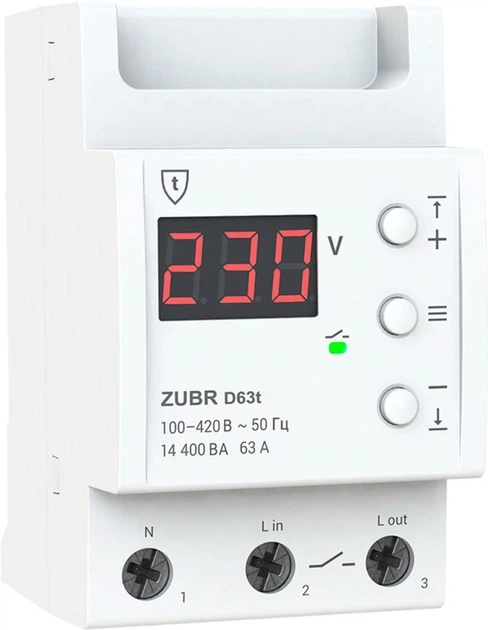 Реле напруги ZUBR D63t, 1ф, 63А, 1н.о, вольтметр, мін. напр., макс. напр, термозахист (ZUBR D63t) - Фото 1 Реле напруги ZUBR D63t, 1ф, 63А, 1н.о, вольтметр, мін. напр., макс. напр, термозахист (ZUBR D63t) - зображення 1